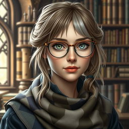 A realistic fantasy headshot of a medieval bookish woman