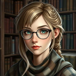 A realistic fantasy headshot of a medieval bookish woman