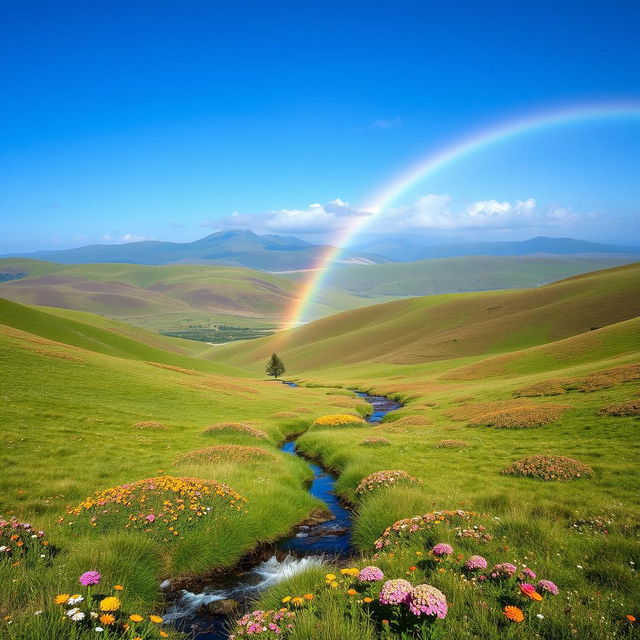 A beautiful landscape with rolling hills, a clear blue sky, and a vibrant rainbow stretching across the horizon