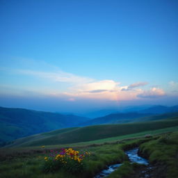 A beautiful landscape with rolling hills, a clear blue sky, and a vibrant rainbow stretching across the horizon