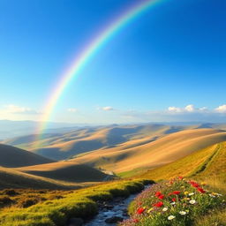 A beautiful landscape with rolling hills, a clear blue sky, and a vibrant rainbow stretching across the horizon