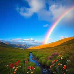 A beautiful landscape with rolling hills, a clear blue sky, and a vibrant rainbow stretching across the horizon