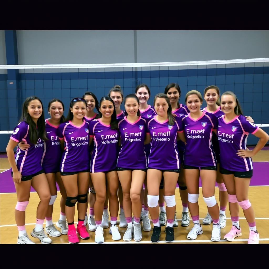 A volleyball team photo featuring a group of players in purple and pink uniforms