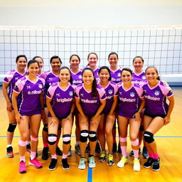 A volleyball team photo featuring a group of players in purple and pink uniforms