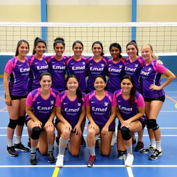 A volleyball team photo featuring a group of players in purple and pink uniforms