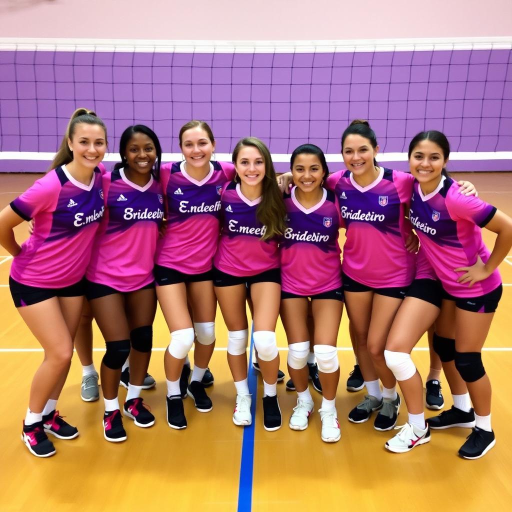 A volleyball team photo featuring a group of players in purple and pink uniforms