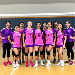 A volleyball team photo featuring a group of players in purple and pink uniforms