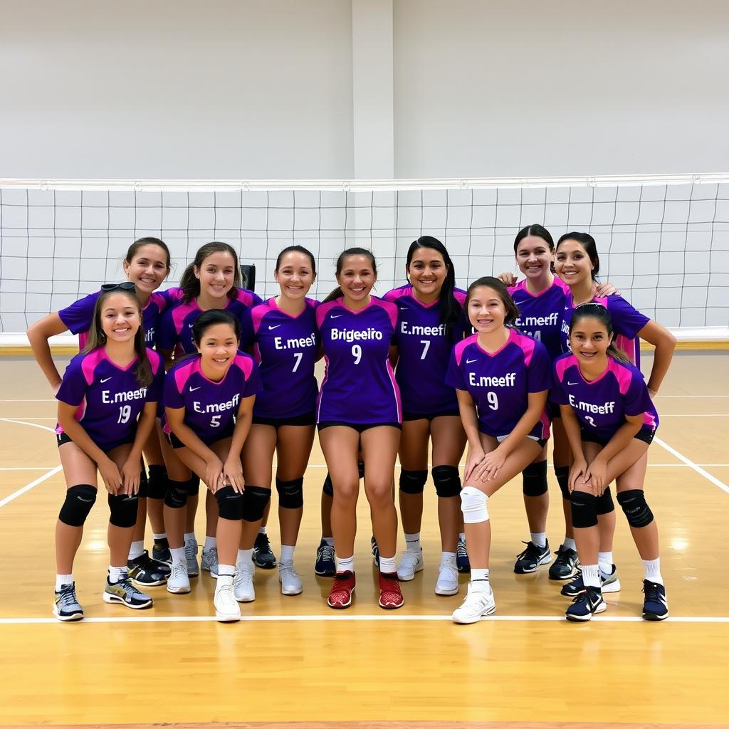 A volleyball team photo featuring a group of players in purple and pink uniforms