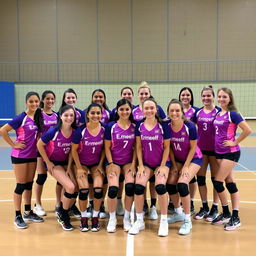 A volleyball team photo featuring a group of players in purple and pink uniforms