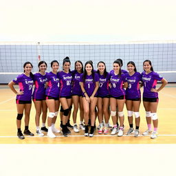 A volleyball team photo featuring a group of players in purple and pink uniforms