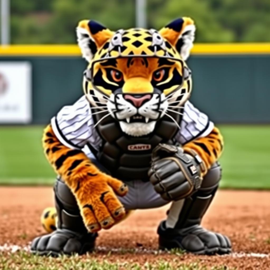 A detailed image of a cougar mascot costume dressed as a baseball catcher