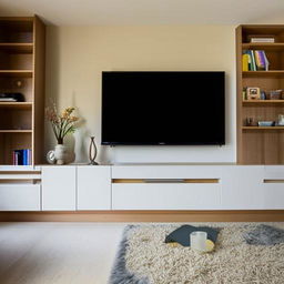 A multifunctional wall featuring a full-length shelf that acts as a TV stand, includes a vanity with a mirror, a bookshelf, and drawers for storage