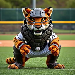 A detailed image of a cougar mascot costume dressed as a baseball catcher