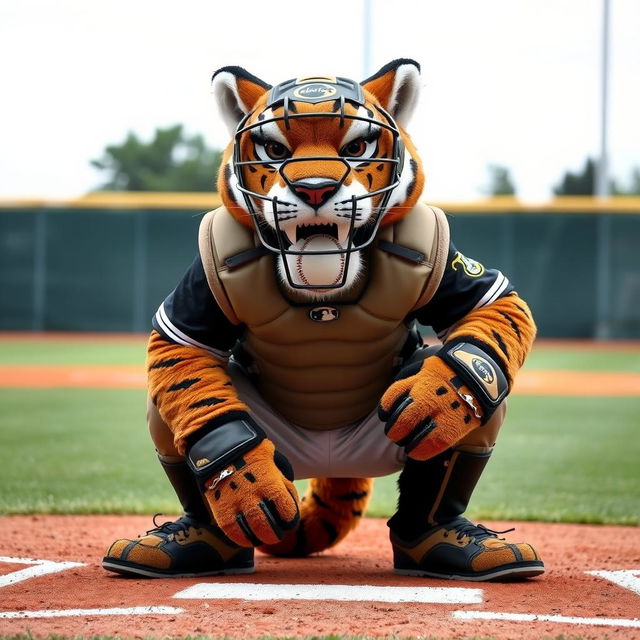 A detailed image of a cougar mascot costume dressed as a baseball catcher