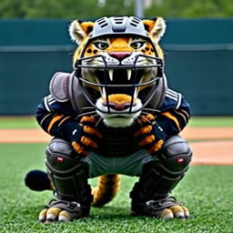 A detailed image of a cougar mascot costume dressed as a baseball catcher