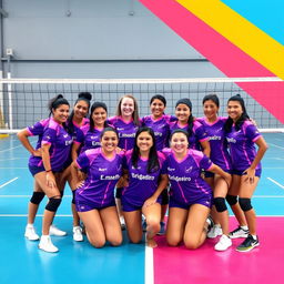 An Instagram group profile picture featuring a volleyball team in purple and pink uniforms