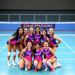 An Instagram group profile picture featuring a volleyball team in purple and pink uniforms