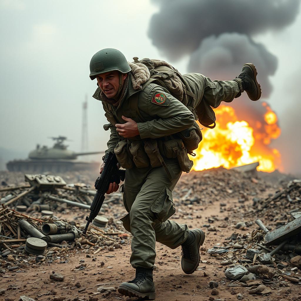 A soldier carrying an injured comrade on his back through a war-torn battlefield