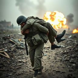 A soldier carrying an injured comrade on his back through a war-torn battlefield