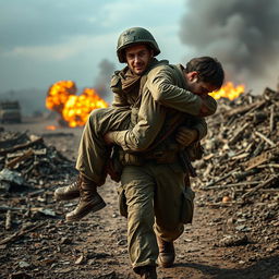 A soldier carrying an injured comrade on his back through a war-torn battlefield