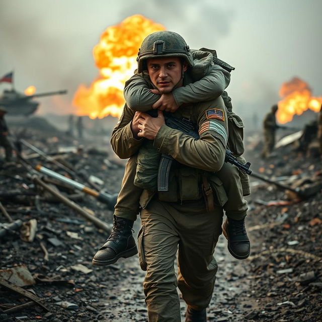 A soldier carrying an injured comrade on his back through a war-torn battlefield