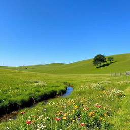 A peaceful countryside scene with a clear blue sky, rolling green hills, and a small stream running through a meadow filled with colorful wildflowers