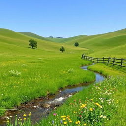 A peaceful countryside scene with a clear blue sky, rolling green hills, and a small stream running through a meadow filled with colorful wildflowers