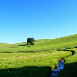 A peaceful countryside scene with a clear blue sky, rolling green hills, and a small stream running through a meadow filled with colorful wildflowers