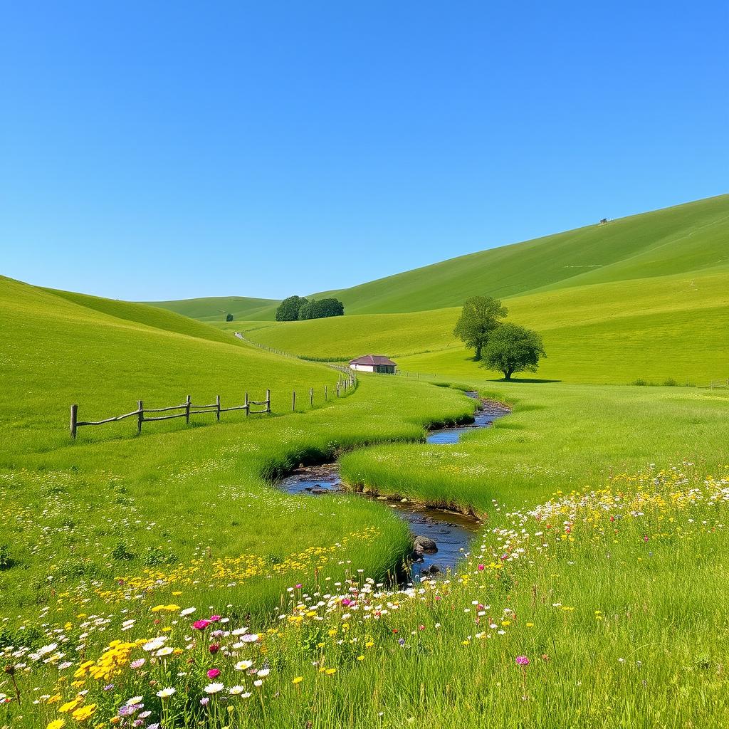 A peaceful countryside scene with a clear blue sky, rolling green hills, and a small stream running through a meadow filled with colorful wildflowers