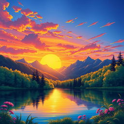 Create a vibrant and colorful illustration of a serene landscape featuring a beautiful sunset over a calm lake surrounded by lush green trees and mountains in the background