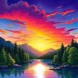 Create a vibrant and colorful illustration of a serene landscape featuring a beautiful sunset over a calm lake surrounded by lush green trees and mountains in the background