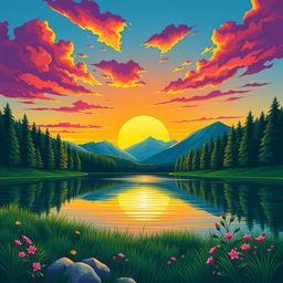 Create a vibrant and colorful illustration of a serene landscape featuring a beautiful sunset over a calm lake surrounded by lush green trees and mountains in the background