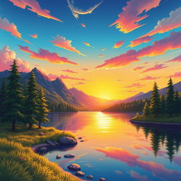 Create a vibrant and colorful illustration of a serene landscape featuring a beautiful sunset over a calm lake surrounded by lush green trees and mountains in the background