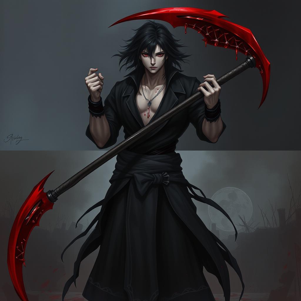 Gyuume Shabana stands in an imposing posture, holding a blood scythe with both hands