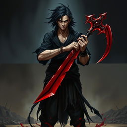 Gyuume Shabana stands in an imposing posture, holding a blood scythe with both hands