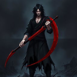 Gyuume Shabana stands in an imposing posture, holding a blood scythe with both hands