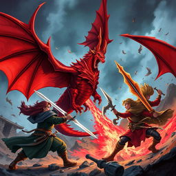 Create a cover for a novel featuring 1 to 4 people with diverse weapons, engaged in a fierce battle against a red flying Wyvern