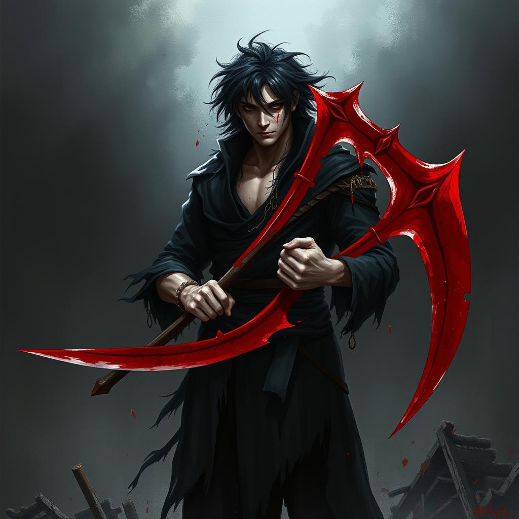 Gyuume Shabana stands in an imposing posture, holding a blood scythe with both hands