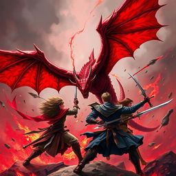 Create a cover for a novel featuring 1 to 4 people with diverse weapons, engaged in a fierce battle against a red flying Wyvern