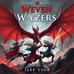 Create a cover for a novel featuring 1 to 4 people with diverse weapons, engaged in a fierce battle against a red flying Wyvern