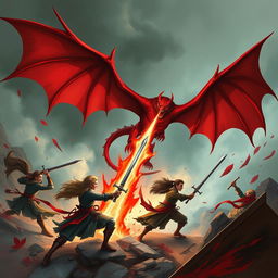 Create a cover for a novel featuring 1 to 4 people with diverse weapons, engaged in a fierce battle against a red flying Wyvern