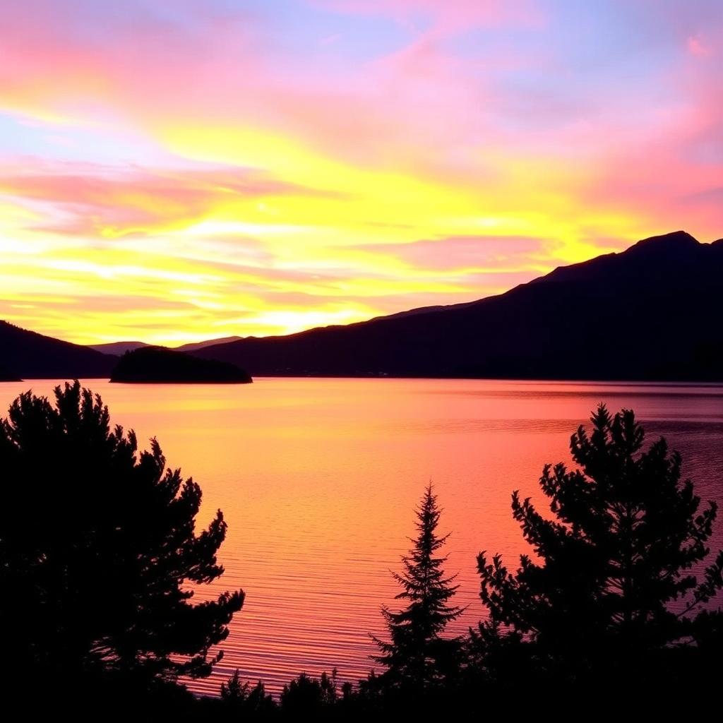 A serene landscape featuring a beautiful sunset over a calm lake, with mountains in the background and a few trees in the foreground