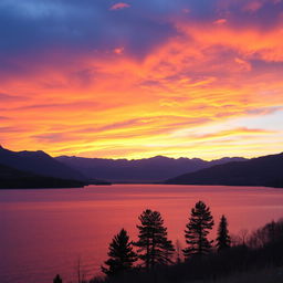 A serene landscape featuring a beautiful sunset over a calm lake, with mountains in the background and a few trees in the foreground