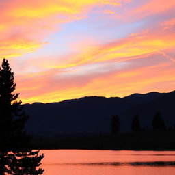 A serene landscape featuring a beautiful sunset over a calm lake, with mountains in the background and a few trees in the foreground