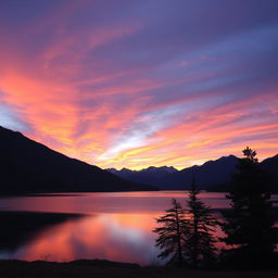 A serene landscape featuring a beautiful sunset over a calm lake, with mountains in the background and a few trees in the foreground