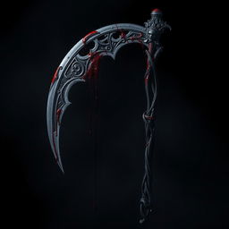 A dark and ominous scythe dripping with blood, set against a shadowy background