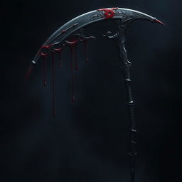 A dark and ominous scythe dripping with blood, set against a shadowy background