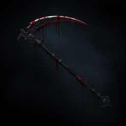 A dark and ominous scythe dripping with blood, set against a shadowy background