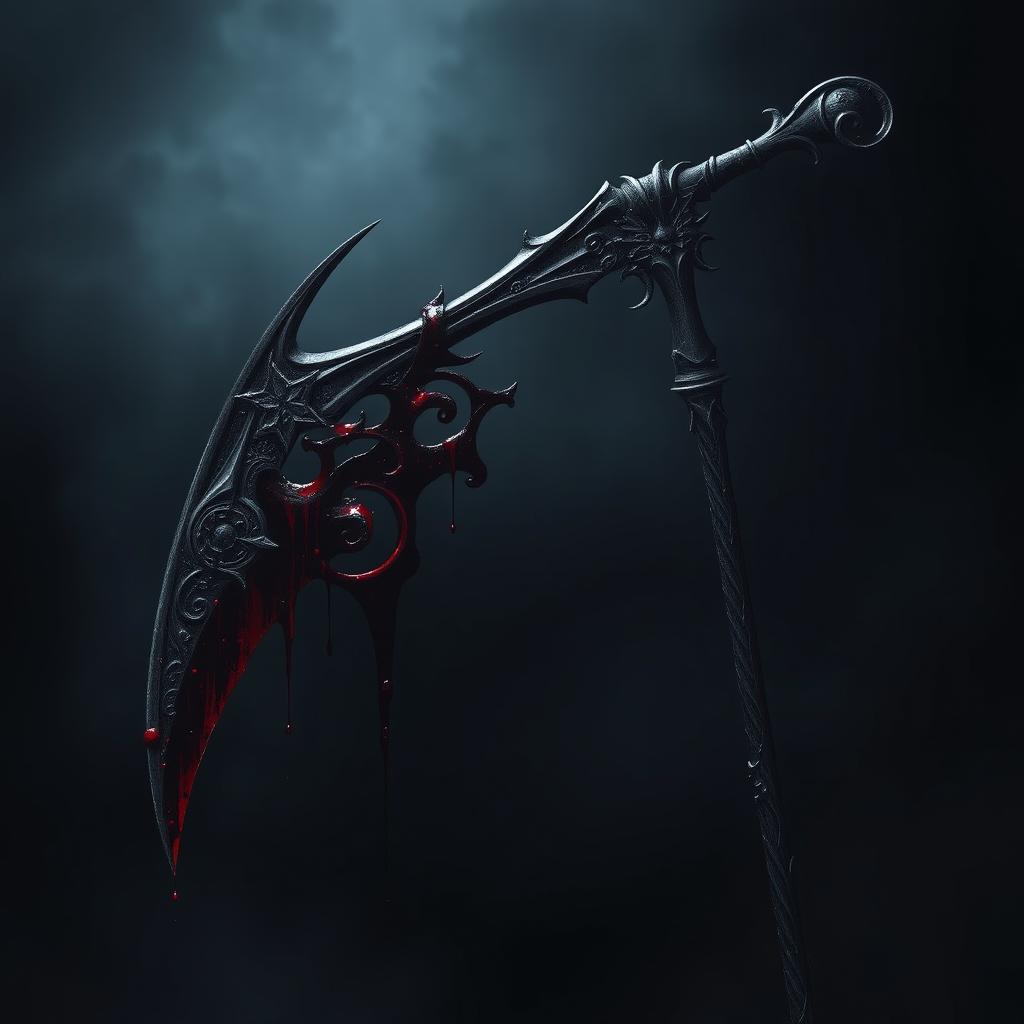 A dark and ominous scythe dripping with blood, set against a shadowy background