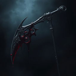 A dark and ominous scythe dripping with blood, set against a shadowy background